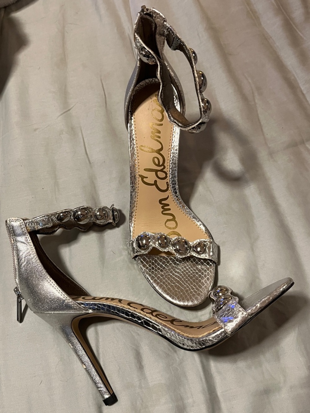 Sam Edelman Silver Crystal-Embellished Ankle-Strap Heels